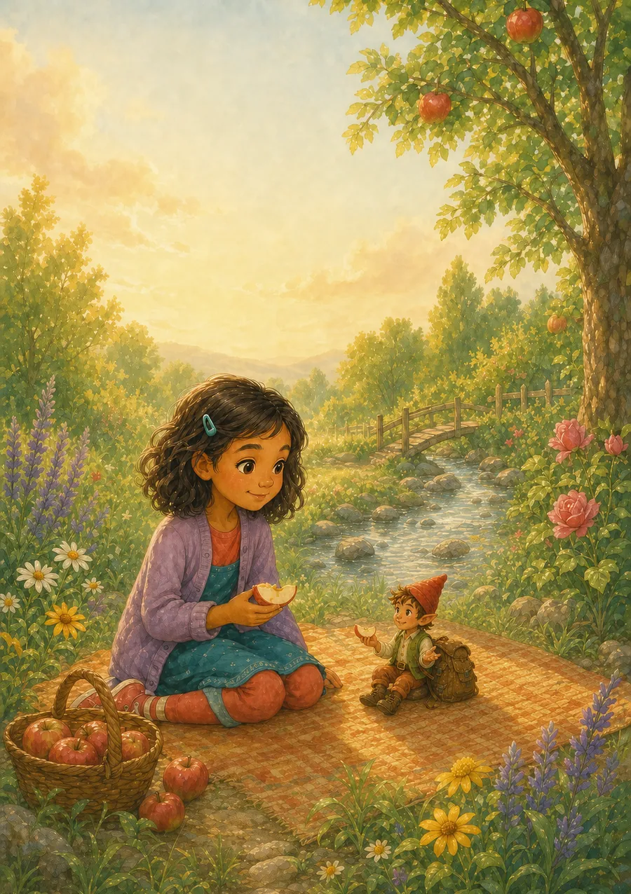 Luna und Noruli teilen auf einer Picknickdecke einen Apfel miteinander.