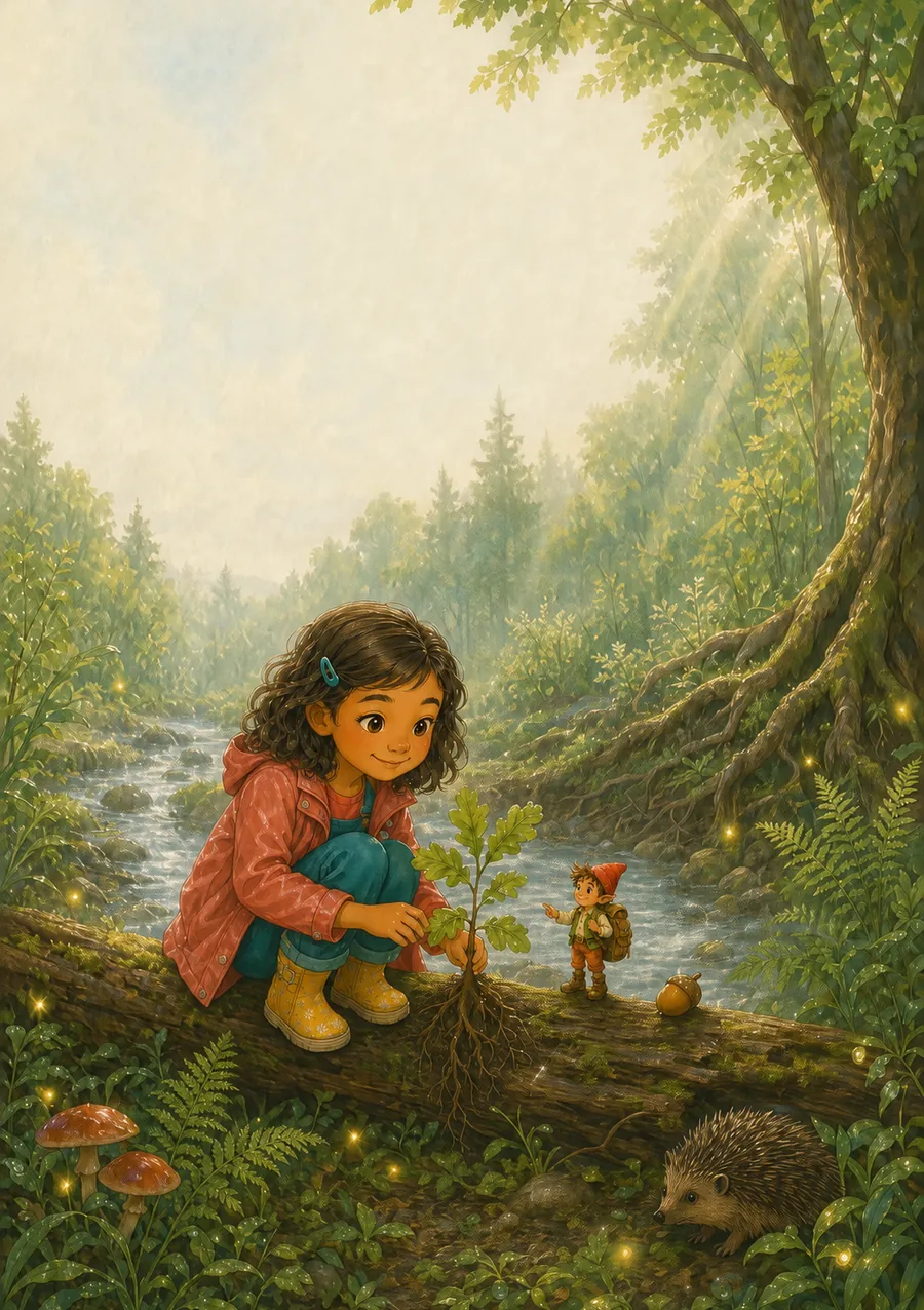 Luna und Noruli entdecken einen jungen Baum, einen Igel und die Wunder des Waldes.